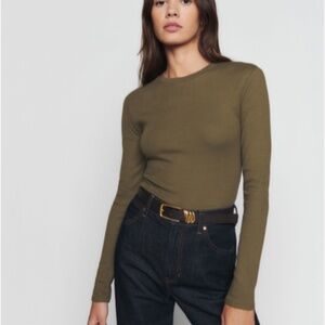 Reformation Long Sleeve Crewneck Shirt, Dark Olive, Small